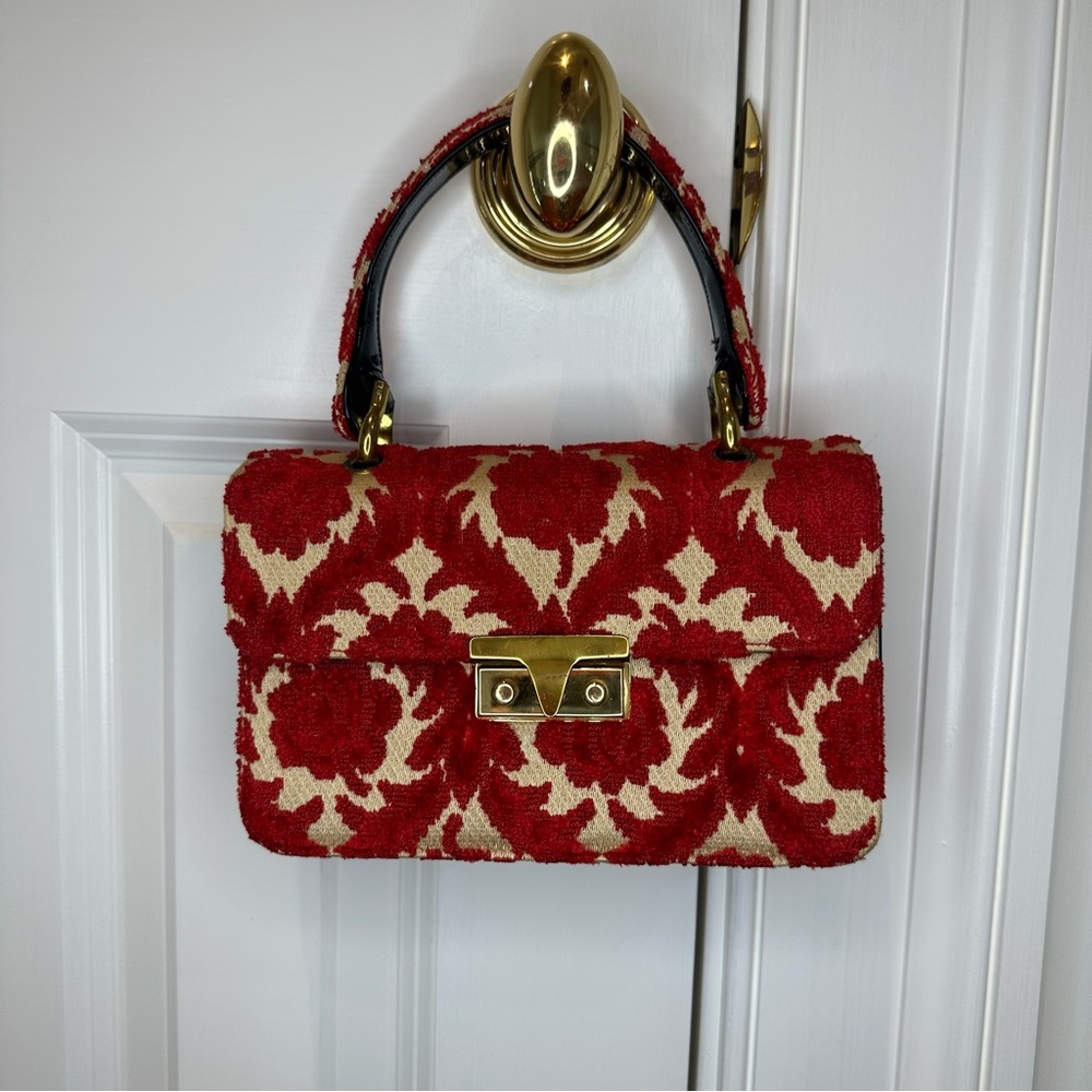 Vintage Red and Cream Top Handle Bag with Floral Pattern